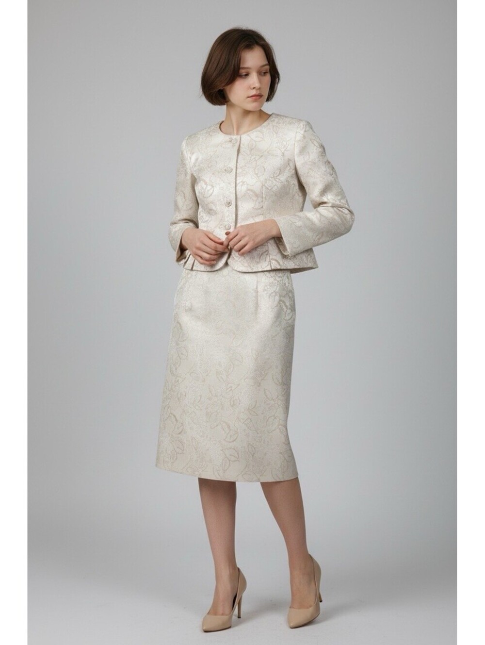 Le Suit Size 10P Cream Floral Jacquard Print Skirt Suit Business Wedding Elegant